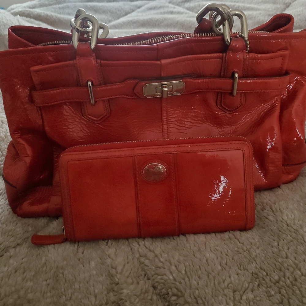 Red patent leather Coach bag with matching wallet